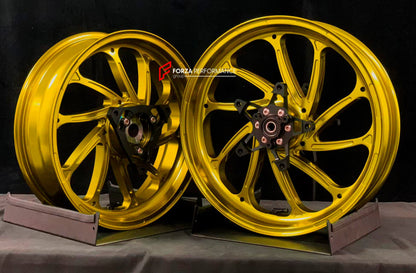 We manufacture premium quality forged motorcycle wheels rims for YAMAHA in any design, size, color.

Wheel sizes (motorcycle spec):

Front: 3.5 x 15

Rear: 4 x 14

Weight:

Front: 3.95 kg (8.71 lbs)

Rear: 3.8 kg (8.38 lbs)

Finishing: Gloss Gold

Forza Performance Group engineers and manufactures each forged motorcycle wheel individually per order. This ensures precise fitment, uncompromised strength, and unique styling. Whether for racing, touring, or daily use — our wheels are built for both performance 