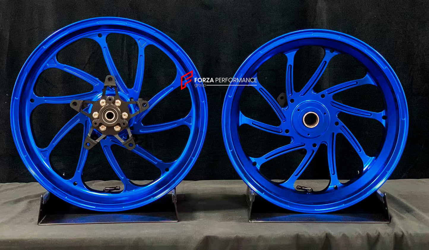 We manufacture premium quality forged motorcycle wheels rims for YAMAHA in any design, size, color.

Wheel sizes (motorcycle spec):

Front: 3.5 x 15

Rear: 4 x 14

Weight:

Front: 3.95 kg (8.71 lbs)

Rear: 3.85 kg (8.49 lbs)


Finishing: Gloss Blue

Forza Performance Group engineers and manufactures each forged motorcycle wheel individually per order. This ensures precise fitment, uncompromised strength, and unique styling. Whether for racing, touring, or daily use — our wheels are built for both performanc