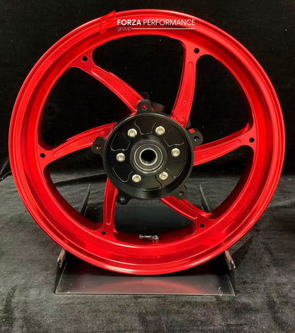 We manufacture premium quality forged motorcycle wheels rims for YAMAHA in any design, size, color.

Wheel sizes (motorcycle spec):

Front: 3.5 x 15

Rear: 4.5 x 15

Weight:

Front: 3.9 kg (9.59 lbs)

Rear: 5.35 kg (10.91 lbs)

Finishing: Gloss Red

Forza Performance Group engineers and manufactures each forged motorcycle wheel individually per order. This ensures precise fitment, uncompromised strength, and unique styling. Whether for racing, touring, or daily use — our wheels are built for both performanc