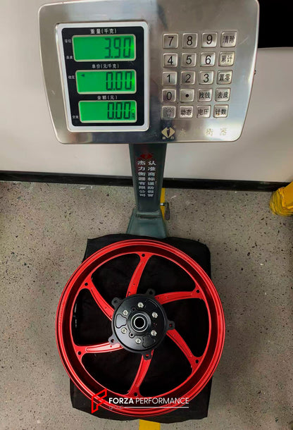 We manufacture premium quality forged motorcycle wheels rims for YAMAHA in any design, size, color.

Wheel sizes (motorcycle spec):

Front: 3.5 x 15

Rear: 4.5 x 15

Weight:

Front: 3.9 kg (9.59 lbs)

Rear: 5.35 kg (10.91 lbs)

Finishing: Gloss Red

Forza Performance Group engineers and manufactures each forged motorcycle wheel individually per order. This ensures precise fitment, uncompromised strength, and unique styling. Whether for racing, touring, or daily use — our wheels are built for both performanc