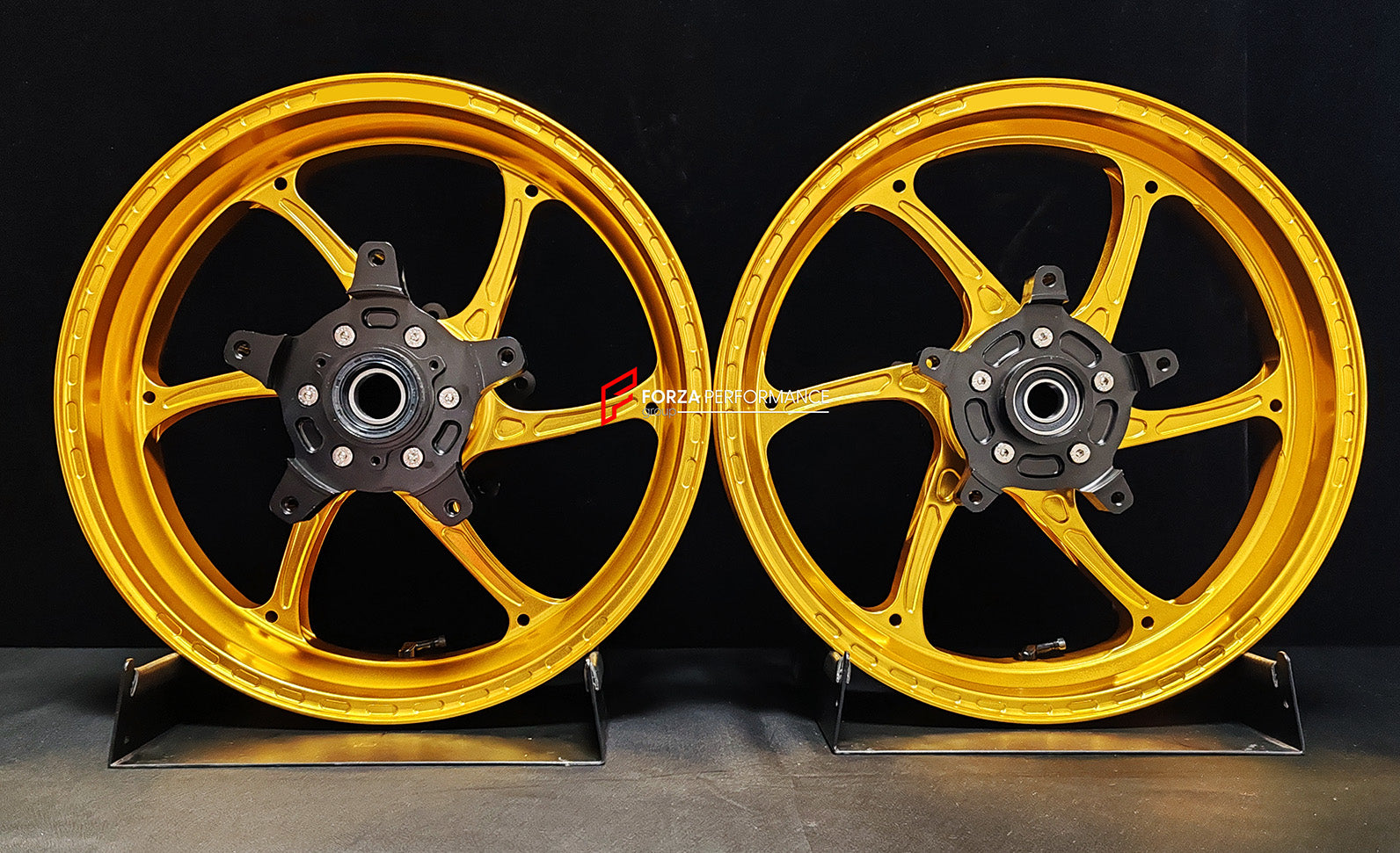 We manufacture premium quality forged motorcycle wheels rims for YAMAHA in any design, size, color.

Wheel sizes (motorcycle spec):

Front: 3.5 x 15

Rear: 4.5 x 15

Weight:

Front: 3.6 kg (7.94 lbs)

Rear: 4.75 kg (10.47 lbs)


Finishing: Gloss Gold

Forza Performance Group engineers and manufactures each forged motorcycle wheel individually per order. This ensures precise fitment, uncompromised strength, and unique styling. Whether for racing, touring, or daily use — our wheels are built for both performa