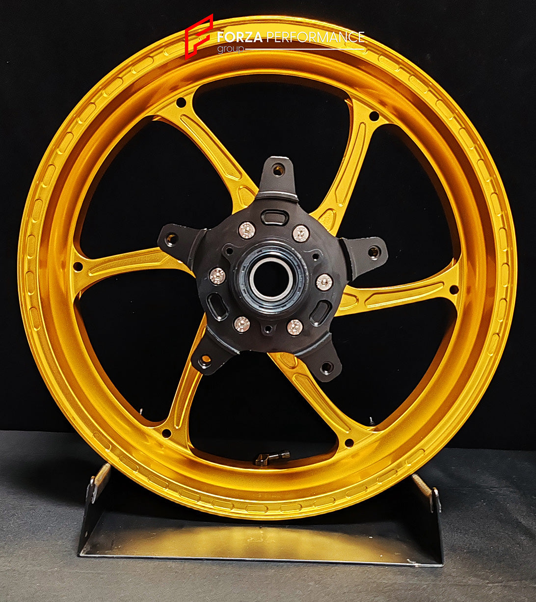 We manufacture premium quality forged motorcycle wheels rims for YAMAHA in any design, size, color.

Wheel sizes (motorcycle spec):

Front: 3.5 x 15

Rear: 4.5 x 15

Weight:

Front: 3.6 kg (7.94 lbs)

Rear: 4.75 kg (10.47 lbs)


Finishing: Gloss Gold

Forza Performance Group engineers and manufactures each forged motorcycle wheel individually per order. This ensures precise fitment, uncompromised strength, and unique styling. Whether for racing, touring, or daily use — our wheels are built for both performa
