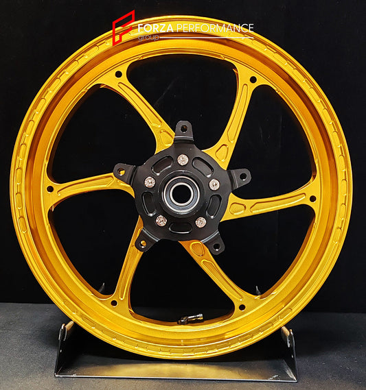 We manufacture premium quality forged motorcycle wheels rims for YAMAHA in any design, size, color.

Wheel sizes (motorcycle spec):

Front: 3.5 x 15

Rear: 4.5 x 15

Weight:

Front: 3.6 kg (7.94 lbs)

Rear: 4.75 kg (10.47 lbs)


Finishing: Gloss Gold

Forza Performance Group engineers and manufactures each forged motorcycle wheel individually per order. This ensures precise fitment, uncompromised strength, and unique styling. Whether for racing, touring, or daily use — our wheels are built for both performa