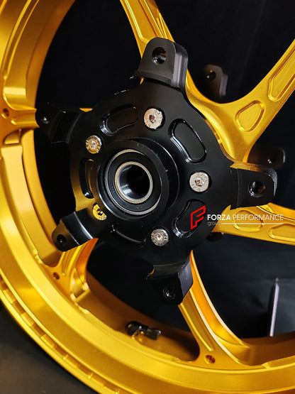 We manufacture premium quality forged motorcycle wheels rims for YAMAHA in any design, size, color.

Wheel sizes (motorcycle spec):

Front: 3.5 x 15

Rear: 4.5 x 15

Weight:

Front: 3.6 kg (7.94 lbs)

Rear: 4.75 kg (10.47 lbs)


Finishing: Gloss Gold

Forza Performance Group engineers and manufactures each forged motorcycle wheel individually per order. This ensures precise fitment, uncompromised strength, and unique styling. Whether for racing, touring, or daily use — our wheels are built for both performa