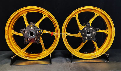 We manufacture premium quality forged motorcycle wheels rims for YAMAHA in any design, size, color.

Wheel sizes (motorcycle spec):

Front: 3.5 x 15

Rear: 4.5 x 15

Weight:

Front: 3.6 kg (7.94 lbs)

Rear: 4.75 kg (10.47 lbs)


Finishing: Gloss Gold

Forza Performance Group engineers and manufactures each forged motorcycle wheel individually per order. This ensures precise fitment, uncompromised strength, and unique styling. Whether for racing, touring, or daily use — our wheels are built for both performa