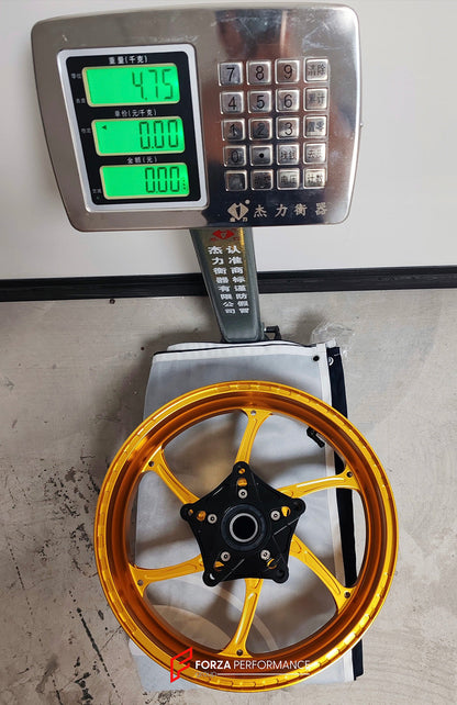We manufacture premium quality forged motorcycle wheels rims for YAMAHA in any design, size, color.

Wheel sizes (motorcycle spec):

Front: 3.5 x 15

Rear: 4.5 x 15

Weight:

Front: 3.6 kg (7.94 lbs)

Rear: 4.75 kg (10.47 lbs)


Finishing: Gloss Gold

Forza Performance Group engineers and manufactures each forged motorcycle wheel individually per order. This ensures precise fitment, uncompromised strength, and unique styling. Whether for racing, touring, or daily use — our wheels are built for both performa