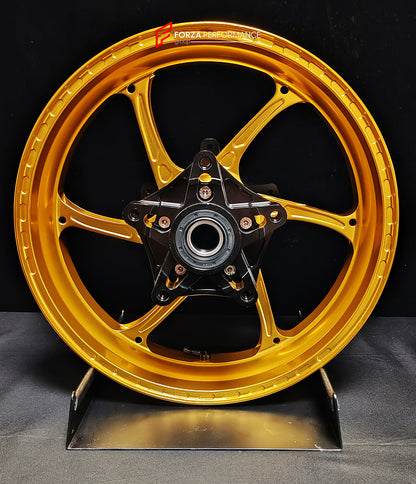 We manufacture premium quality forged motorcycle wheels rims for YAMAHA in any design, size, color.

Wheel sizes (motorcycle spec):

Front: 3.5 x 15

Rear: 4.5 x 15

Weight:

Front: 3.6 kg (7.94 lbs)

Rear: 4.75 kg (10.47 lbs)


Finishing: Gloss Gold

Forza Performance Group engineers and manufactures each forged motorcycle wheel individually per order. This ensures precise fitment, uncompromised strength, and unique styling. Whether for racing, touring, or daily use — our wheels are built for both performa