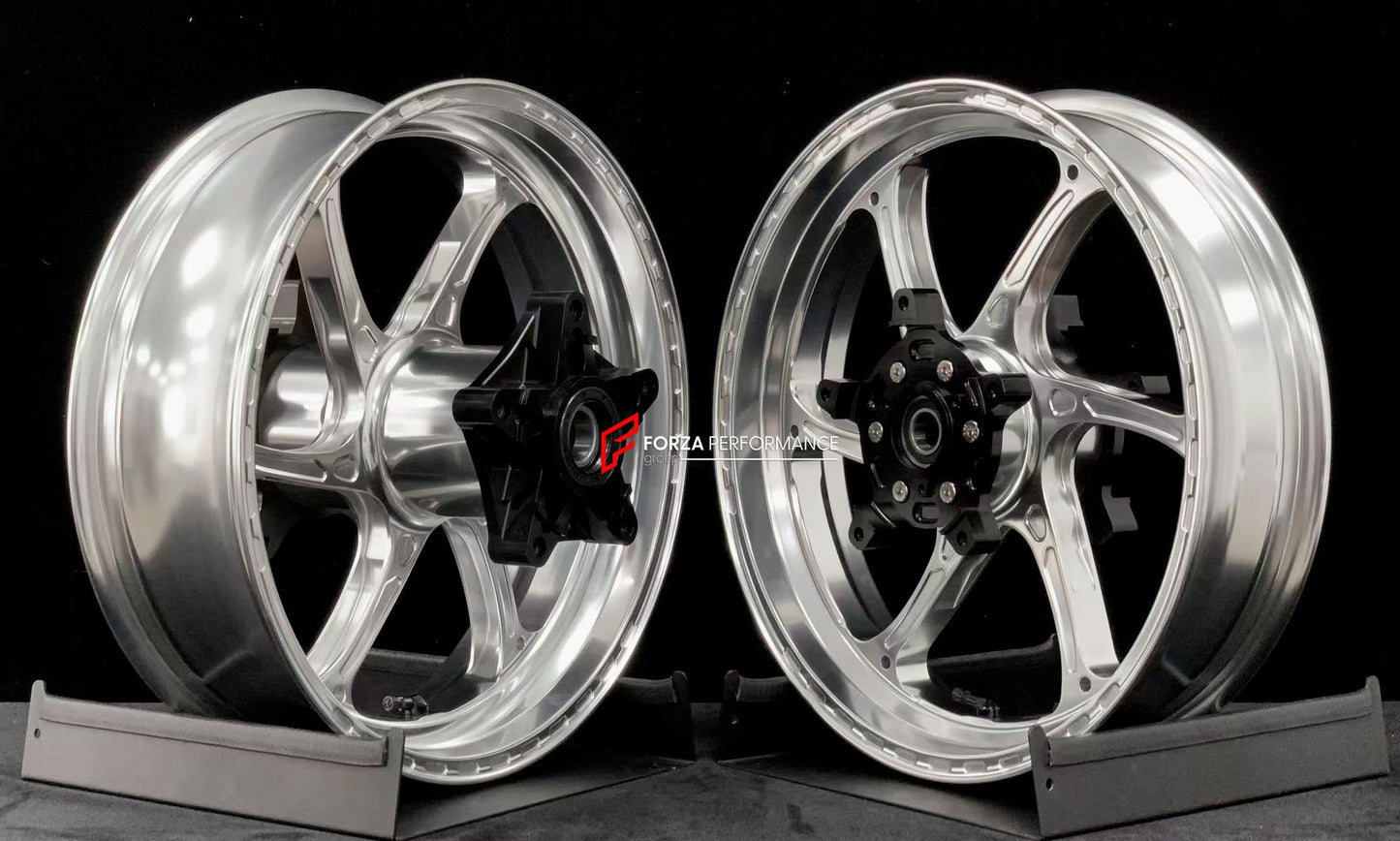 We manufacture premium quality forged motorcycle wheels rims for YAMAHA in any design, size, color.

Wheel sizes (motorcycle spec):

Front: 3.5 x 15

Rear: 4.5 x 15

Weight:

Front: 3.6 kg (7.94 lbs)

Rear: 4.75 kg (10.47 lbs)


Finishing: Gloss Silver

Forza Performance Group engineers and manufactures each forged motorcycle wheel individually per order. This ensures precise fitment, uncompromised strength, and unique styling. Whether for racing, touring, or daily use — our wheels are built for both perfor
