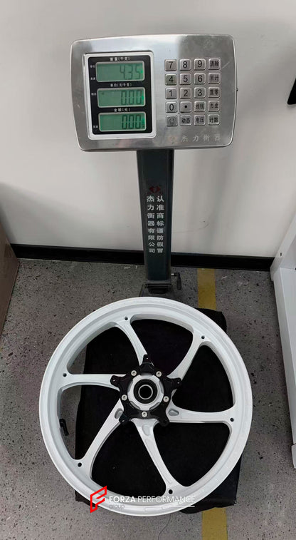 We manufacture premium quality forged motorcycle wheels rims for YAMAHA in any design, size, color.

Wheel sizes (motorcycle spec):

Front: 3.5 x 17

Rear: 5.5 x 17

Weight:

Front: 4.35 kg (9.59 lbs)

Rear: 4.95 kg (10.91 lbs)


Finishing: Gloss White

Forza Performance Group engineers and manufactures each forged motorcycle wheel individually per order. This ensures precise fitment, uncompromised strength, and unique styling. Whether for racing, touring, or daily use — our wheels are built for both perfor