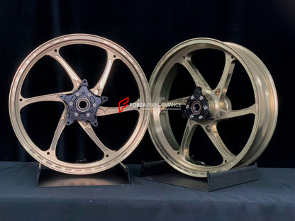 We manufacture premium quality forged motorcycle wheels rims for YAMAHA in any design, size, color.

Wheel sizes (motorcycle spec):

Front: 3 x 17

Rear: 4 x 17

Weight:

Front: 3.1 kg (6.83 lbs)

Rear: 3.55 kg (7.83 lbs)


Finishing: Satin Bronze

Forza Performance Group engineers and manufactures each forged motorcycle wheel individually per order. This ensures precise fitment, uncompromised strength, and unique styling. Whether for racing, touring, or daily use — our wheels are built for both performance