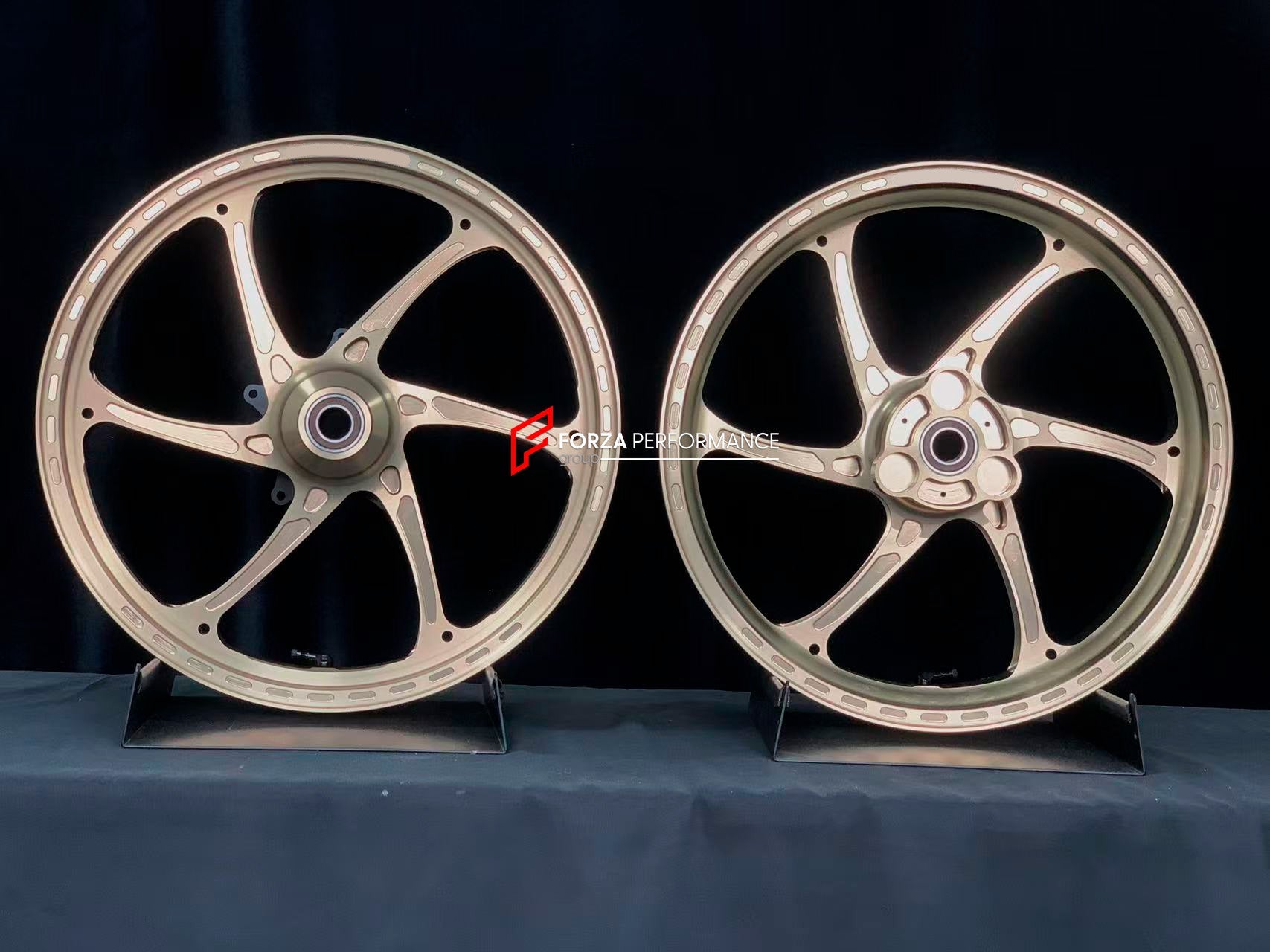 We manufacture premium quality forged motorcycle wheels rims for YAMAHA in any design, size, color.

Wheel sizes (motorcycle spec):

Front: 3 x 17

Rear: 4 x 17

Weight:

Front: 3.1 kg (6.83 lbs)

Rear: 3.55 kg (7.83 lbs)


Finishing: Satin Bronze

Forza Performance Group engineers and manufactures each forged motorcycle wheel individually per order. This ensures precise fitment, uncompromised strength, and unique styling. Whether for racing, touring, or daily use — our wheels are built for both performance