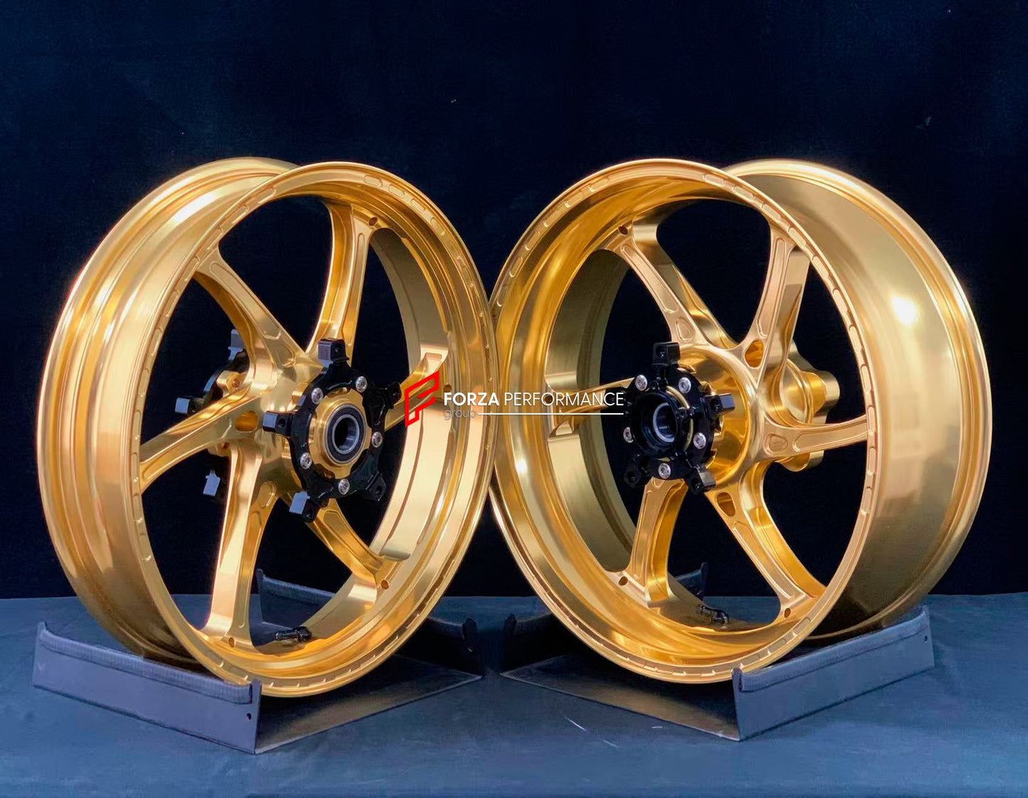 We manufacture premium quality forged motorcycle wheels rims for YAMAHA in any design, size, color.

Wheel sizes (motorcycle spec):

Front: 3.5 x 17

Rear: 6 x 17

Weight:

Front: 3.95 kg (8.7 lbs)

Rear: 4.9 kg (10.8 lbs)

Finishing: Gloss Gold

Forza Performance Group engineers and manufactures each forged motorcycle wheel individually per order. This ensures precise fitment, uncompromised strength, and unique styling. Whether for racing, touring, or daily use — our wheels are built for both performance a