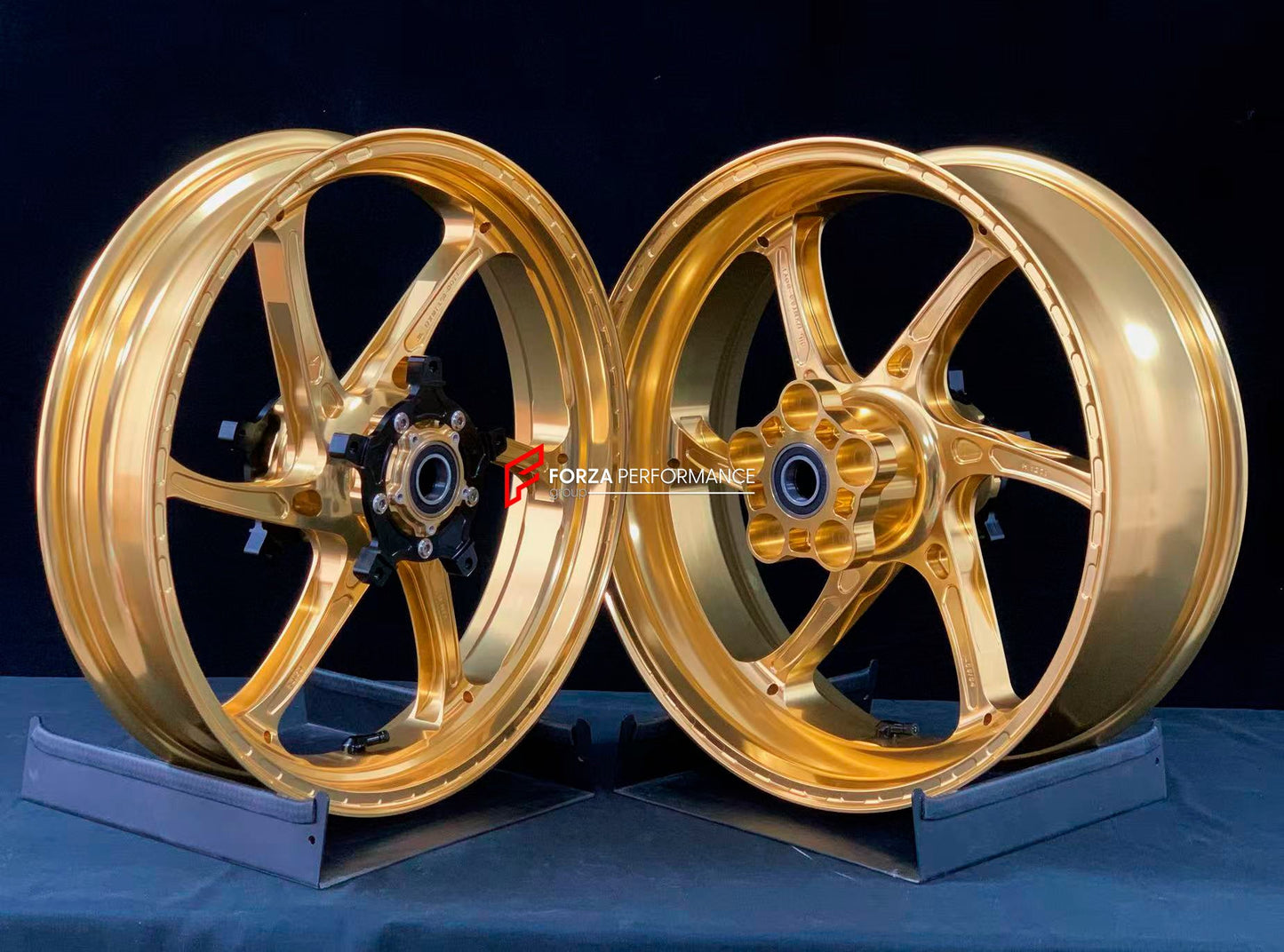 We manufacture premium quality forged motorcycle wheels rims for YAMAHA in any design, size, color.

Wheel sizes (motorcycle spec):

Front: 3.5 x 17

Rear: 6 x 17

Weight:

Front: 3.95 kg (8.7 lbs)

Rear: 4.9 kg (10.8 lbs)

Finishing: Gloss Gold

Forza Performance Group engineers and manufactures each forged motorcycle wheel individually per order. This ensures precise fitment, uncompromised strength, and unique styling. Whether for racing, touring, or daily use — our wheels are built for both performance a