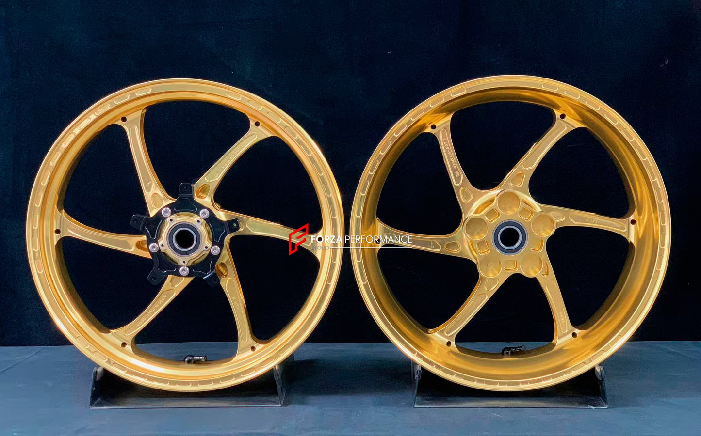 We manufacture premium quality forged motorcycle wheels rims for YAMAHA in any design, size, color.

Wheel sizes (motorcycle spec):

Front: 3.5 x 17

Rear: 6 x 17

Weight:

Front: 3.95 kg (8.7 lbs)

Rear: 4.9 kg (10.8 lbs)

Finishing: Gloss Gold

Forza Performance Group engineers and manufactures each forged motorcycle wheel individually per order. This ensures precise fitment, uncompromised strength, and unique styling. Whether for racing, touring, or daily use — our wheels are built for both performance a