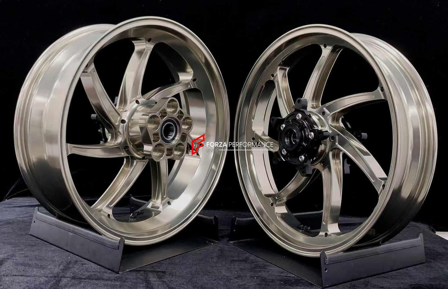 We manufacture premium quality forged motorcycle wheels rims for YAMAHA in any design, size, color.

Wheel sizes (motorcycle spec):

Front: 3.5 x 17

Rear: 5.5 x 17

Weight:

Front: 4.25 kg (9.37 lbs)

Rear: 4.9 kg (10.8 lbs)


Finishing: Gloss Titanium

Forza Performance Group engineers and manufactures each forged motorcycle wheel individually per order. This ensures precise fitment, uncompromised strength, and unique styling. Whether for racing, touring, or daily use — our wheels are built for both perfo