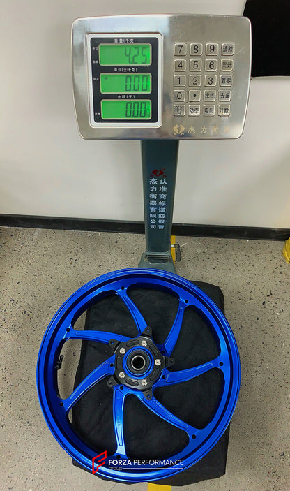 We manufacture premium quality forged motorcycle wheels rims for YAMAHA in any design, size, color.

Wheel sizes (motorcycle spec):

Front: 3.5 x 17

Rear: 5.5 x 17

Weight:

Front: 4.25 kg (9.37 lbs)

Rear: 4.9 kg (10.8 lbs)


Finishing: Gloss Blue

Forza Performance Group engineers and manufactures each forged motorcycle wheel individually per order. This ensures precise fitment, uncompromised strength, and unique styling. Whether for racing, touring, or daily use — our wheels are built for both performan