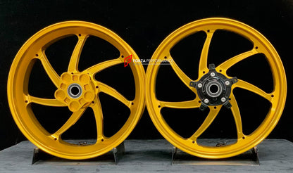 We manufacture premium quality forged motorcycle wheels rims for YAMAHA in any design, size, color.

Wheel sizes (motorcycle spec):

Front: 3.5 x 17

Rear: 6 x 17

Weight:

Front: 4.3 kg (9.48 lbs)

Rear 4.9 kg (10.8 lbs)


Finishing: Gloss Gold

Forza Performance Group engineers and manufactures each forged motorcycle wheel individually per order. This ensures precise fitment, uncompromised strength, and unique styling. Whether for racing, touring, or daily use — our wheels are built for both performance a