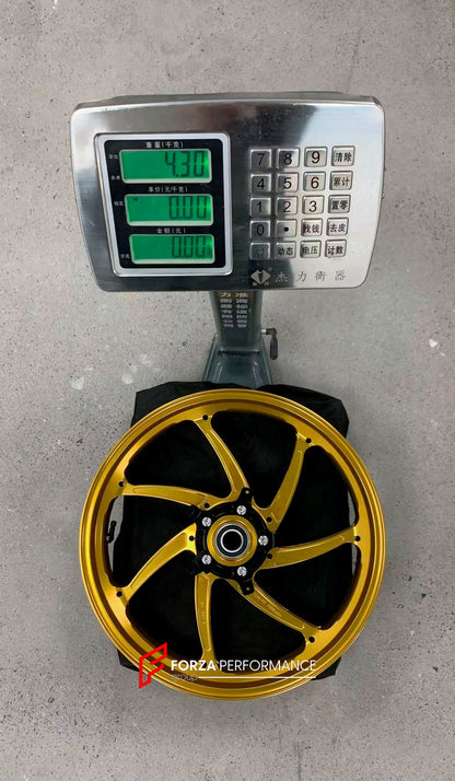 We manufacture premium quality forged motorcycle wheels rims for YAMAHA in any design, size, color.

Wheel sizes (motorcycle spec):

Front: 3.5 x 17

Rear: 6 x 17

Weight:

Front: 4.3 kg (9.48 lbs)

Rear 4.9 kg (10.8 lbs)


Finishing: Gloss Gold

Forza Performance Group engineers and manufactures each forged motorcycle wheel individually per order. This ensures precise fitment, uncompromised strength, and unique styling. Whether for racing, touring, or daily use — our wheels are built for both performance a