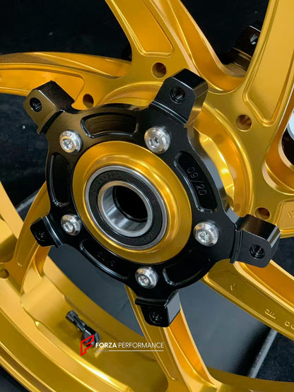 We manufacture premium quality forged motorcycle wheels rims for YAMAHA in any design, size, color.

Wheel sizes (motorcycle spec):

Front: 3.5 x 17

Rear: 6 x 17

Weight:

Front: 4.3 kg (9.48 lbs)

Rear 4.9 kg (10.8 lbs)


Finishing: Gloss Gold

Forza Performance Group engineers and manufactures each forged motorcycle wheel individually per order. This ensures precise fitment, uncompromised strength, and unique styling. Whether for racing, touring, or daily use — our wheels are built for both performance a