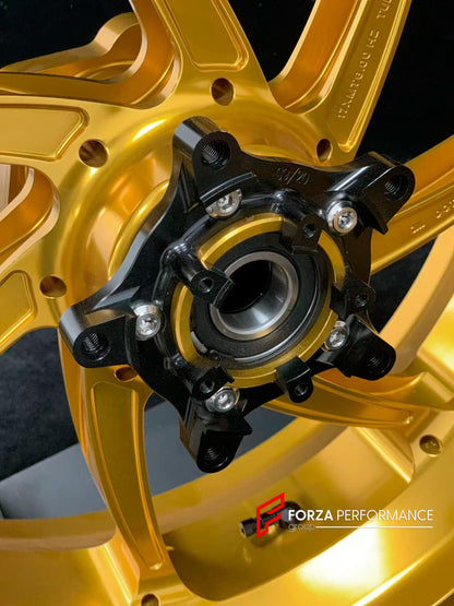 We manufacture premium quality forged motorcycle wheels rims for YAMAHA in any design, size, color.

Wheel sizes (motorcycle spec):

Front: 3.5 x 17

Rear: 6 x 17

Weight:

Front: 4.3 kg (9.48 lbs)

Rear 4.9 kg (10.8 lbs)


Finishing: Gloss Gold

Forza Performance Group engineers and manufactures each forged motorcycle wheel individually per order. This ensures precise fitment, uncompromised strength, and unique styling. Whether for racing, touring, or daily use — our wheels are built for both performance a