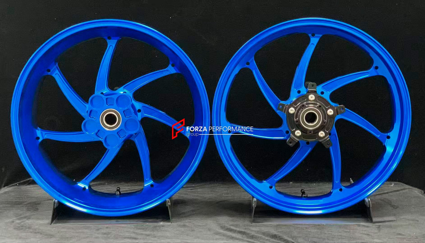 We manufacture premium quality forged motorcycle wheels rims for YAMAHA in any design, size, color.

Wheel sizes (motorcycle spec):

Front: 3.5 x 17

Rear: 6 x 17

Weight:

Front: 4.3 kg (9.48 lbs)

Rear 4.9 kg (10.8 lbs)


Finishing: Gloss Blue

Forza Performance Group engineers and manufactures each forged motorcycle wheel individually per order. This ensures precise fitment, uncompromised strength, and unique styling. Whether for racing, touring, or daily use — our wheels are built for both performance a