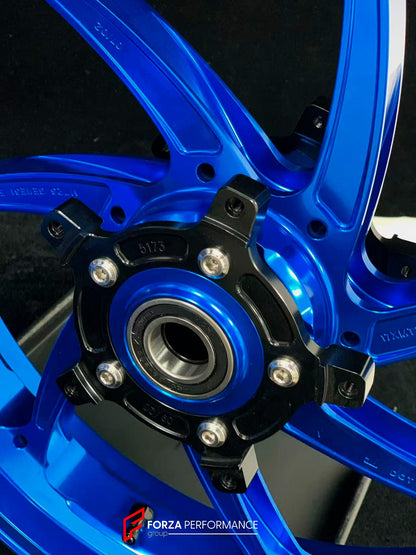 We manufacture premium quality forged motorcycle wheels rims for YAMAHA in any design, size, color.

Wheel sizes (motorcycle spec):

Front: 3.5 x 17

Rear: 6 x 17

Weight:

Front: 4.3 kg (9.48 lbs)

Rear 4.9 kg (10.8 lbs)


Finishing: Gloss Blue

Forza Performance Group engineers and manufactures each forged motorcycle wheel individually per order. This ensures precise fitment, uncompromised strength, and unique styling. Whether for racing, touring, or daily use — our wheels are built for both performance a