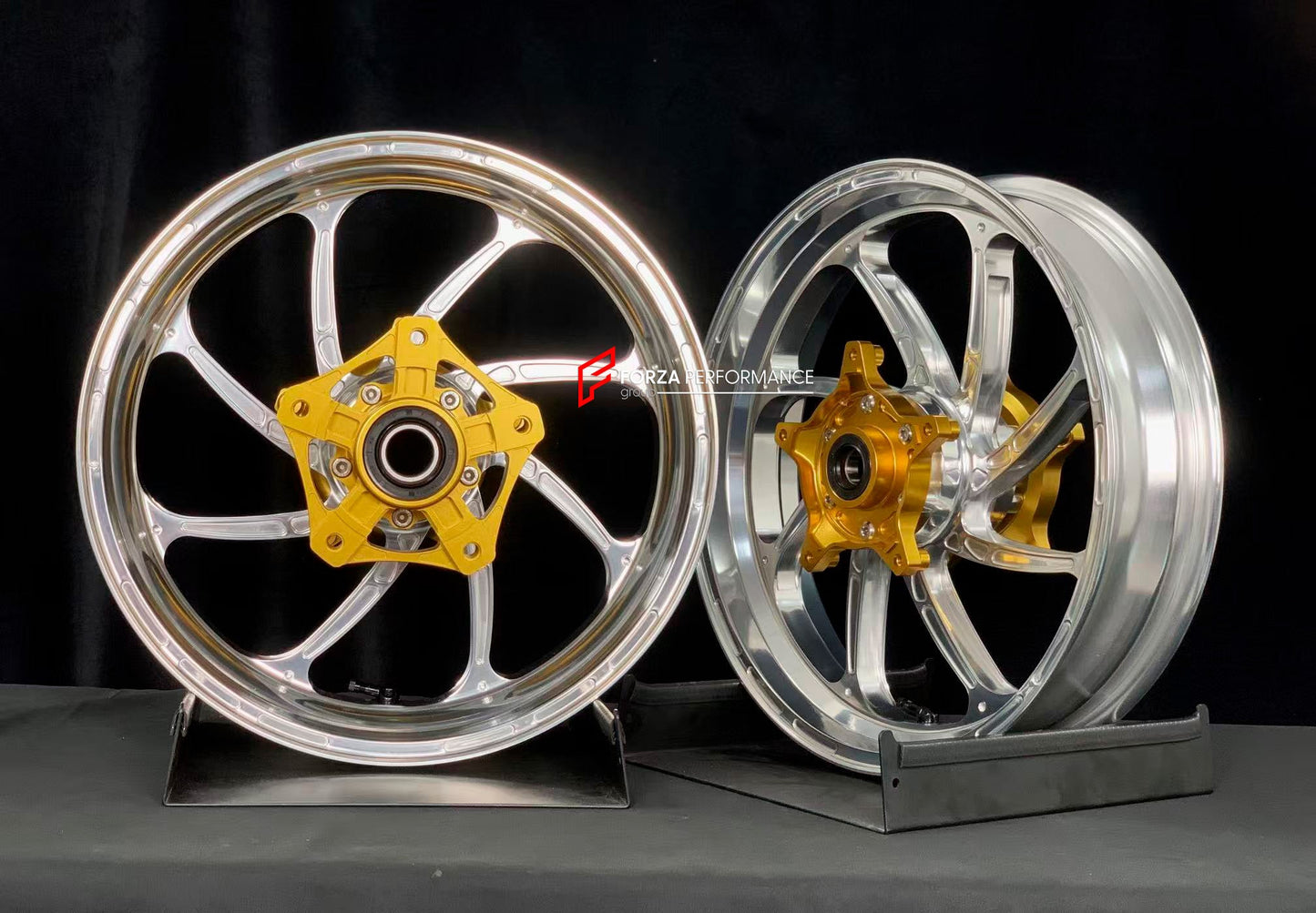 We manufacture premium quality forged motorcycle wheels rims for YAMAHA in any design, size, color.

Wheel sizes (motorcycle spec):

Front: 3.5 x 15

Rear: 4.5 x 15

Weight:

Front: 3.5 kg (7.72 lbs)

Rear: 4.75 kg (10.47 lbs)


Finishing: Gloss Silver

Forza Performance Group engineers and manufactures each forged motorcycle wheel individually per order. This ensures precise fitment, uncompromised strength, and unique styling. Whether for racing, touring, or daily use — our wheels are built for both perfor