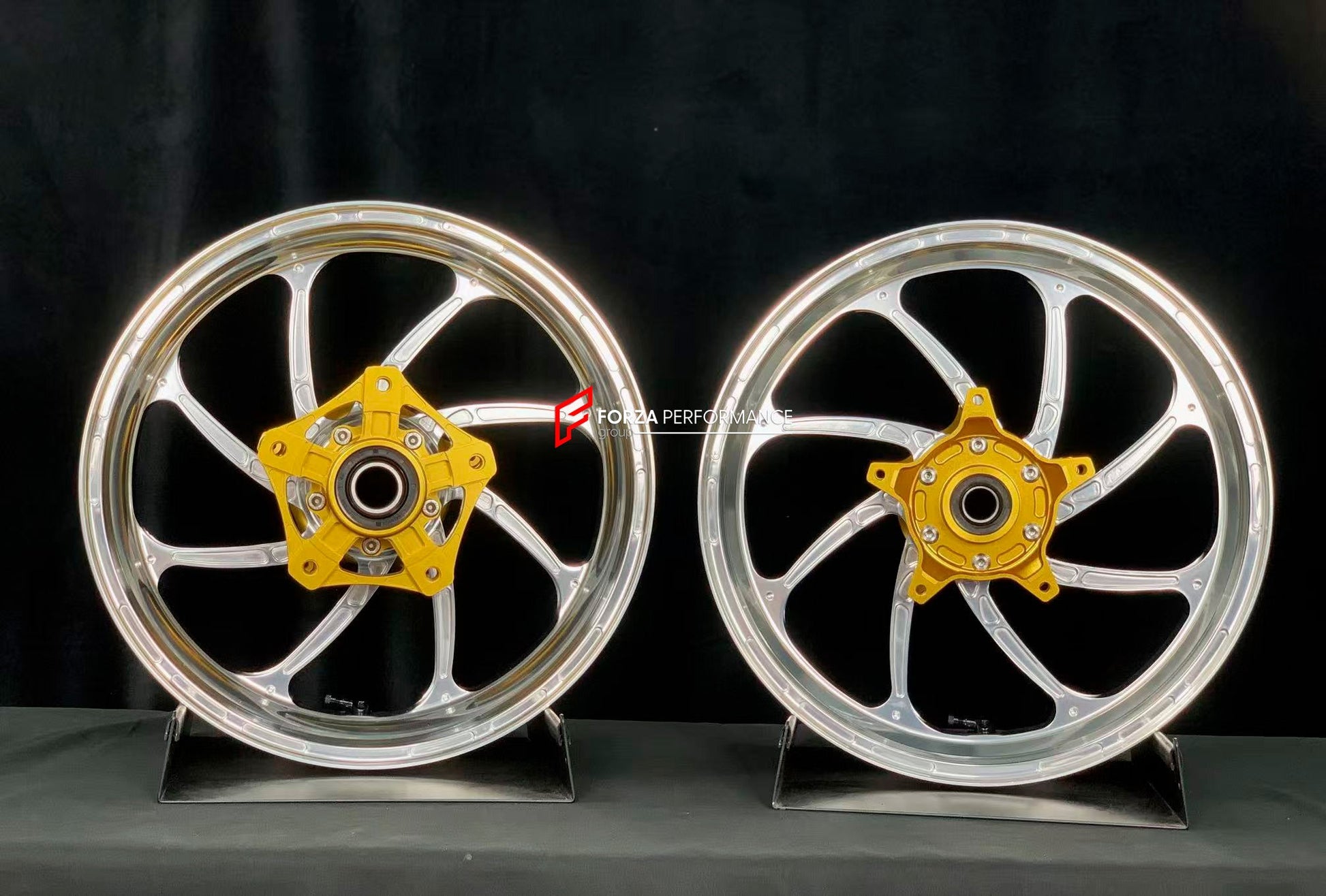 We manufacture premium quality forged motorcycle wheels rims for YAMAHA in any design, size, color.

Wheel sizes (motorcycle spec):

Front: 3.5 x 15

Rear: 4.5 x 15

Weight:

Front: 3.5 kg (7.72 lbs)

Rear: 4.75 kg (10.47 lbs)


Finishing: Gloss Silver

Forza Performance Group engineers and manufactures each forged motorcycle wheel individually per order. This ensures precise fitment, uncompromised strength, and unique styling. Whether for racing, touring, or daily use — our wheels are built for both perfor