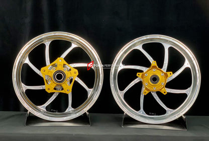 We manufacture premium quality forged motorcycle wheels rims for YAMAHA in any design, size, color.

Wheel sizes (motorcycle spec):

Front: 3.5 x 15

Rear: 4.5 x 15

Weight:

Front: 3.5 kg (7.72 lbs)

Rear: 4.75 kg (10.47 lbs)


Finishing: Gloss Silver

Forza Performance Group engineers and manufactures each forged motorcycle wheel individually per order. This ensures precise fitment, uncompromised strength, and unique styling. Whether for racing, touring, or daily use — our wheels are built for both perfor