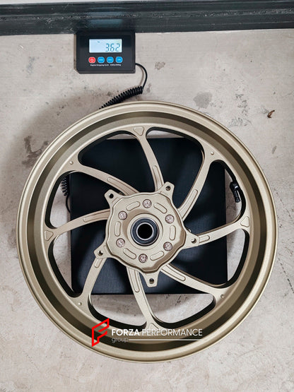 We manufacture premium quality forged motorcycle wheels rims for YAMAHA in any design, size, color.

Wheel sizes (motorcycle spec):

Front: 3.5 x 15

Rear: 4.5 x 15

Weight:

Front: 3.62 kg (7.98 lbs)

Rear: 4.8 kg (10.58 lbs)


Finishing: Satin Bronze

Forza Performance Group engineers and manufactures each forged motorcycle wheel individually per order. This ensures precise fitment, uncompromised strength, and unique styling. Whether for racing, touring, or daily use — our wheels are built for both perfor