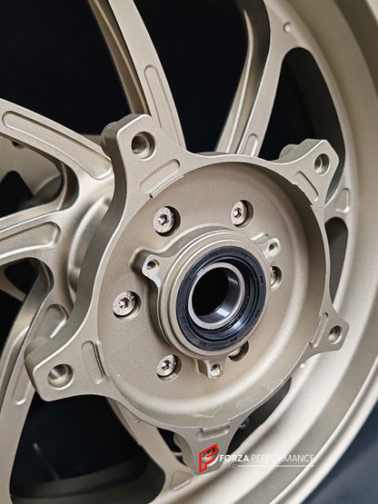 We manufacture premium quality forged motorcycle wheels rims for YAMAHA in any design, size, color.

Wheel sizes (motorcycle spec):

Front: 3.5 x 15

Rear: 4.5 x 15

Weight:

Front: 3.62 kg (7.98 lbs)

Rear: 4.8 kg (10.58 lbs)


Finishing: Satin Bronze

Forza Performance Group engineers and manufactures each forged motorcycle wheel individually per order. This ensures precise fitment, uncompromised strength, and unique styling. Whether for racing, touring, or daily use — our wheels are built for both perfor