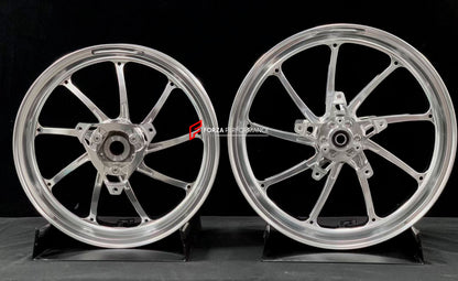 We manufacture premium quality forged motorcycle wheels rims for YAMAHA in any design, size, color.

Wheel sizes (motorcycle spec):

Front: 3.5 x 15

Rear: 4 x 14

Weight:

Front: 3.5 kg (7.92 lbs)

Rear: 3.35 kg (7.38 lbs)


Finishing: Gloss Silver

Forza Performance Group engineers and manufactures each forged motorcycle wheel individually per order. This ensures precise fitment, uncompromised strength, and unique styling. Whether for racing, touring, or daily use — our wheels are built for both performan